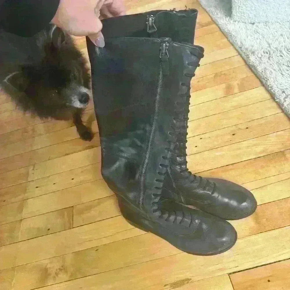 Rosegold Lace Up Knee High Leather Boots